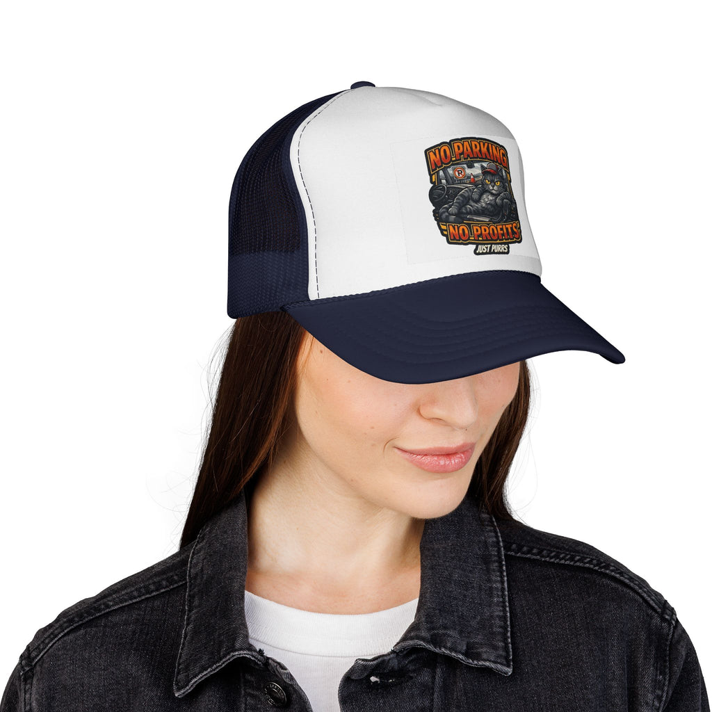 Trucker Cap — "No Parking No Profits" Vintage Cat Graphic