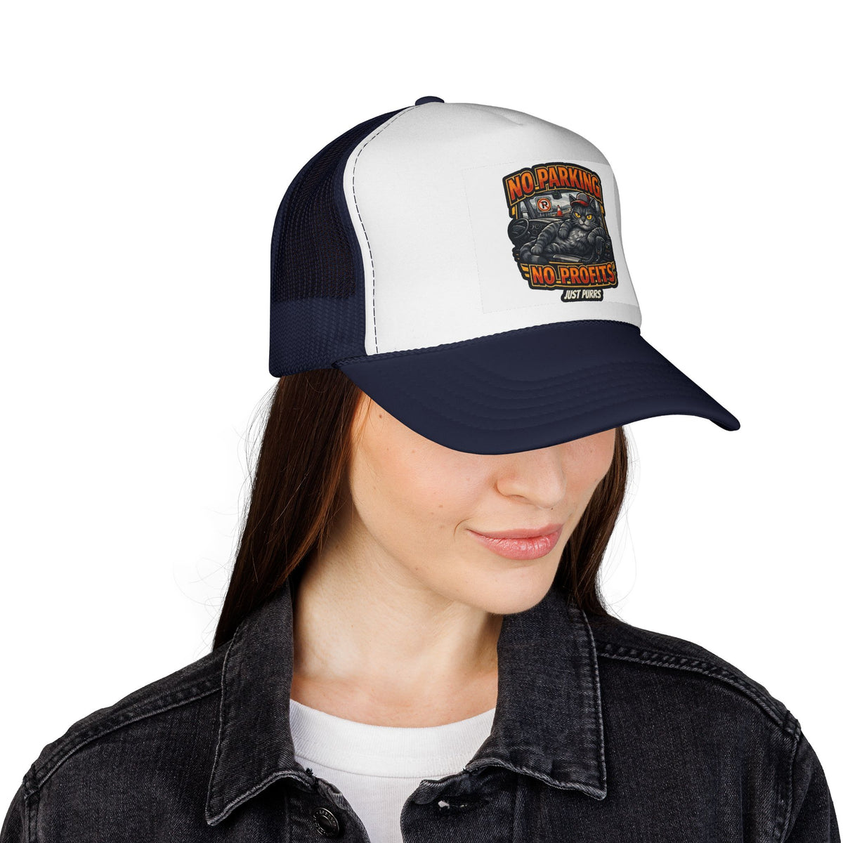 Trucker Cap — "No Parking No Profits" Vintage Cat Graphic