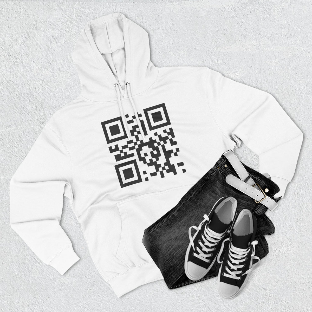 EYO QR Code Hoodie — "I can't help you but my corporate approval software can" Minimal Tech Humor Fleece Hoodie