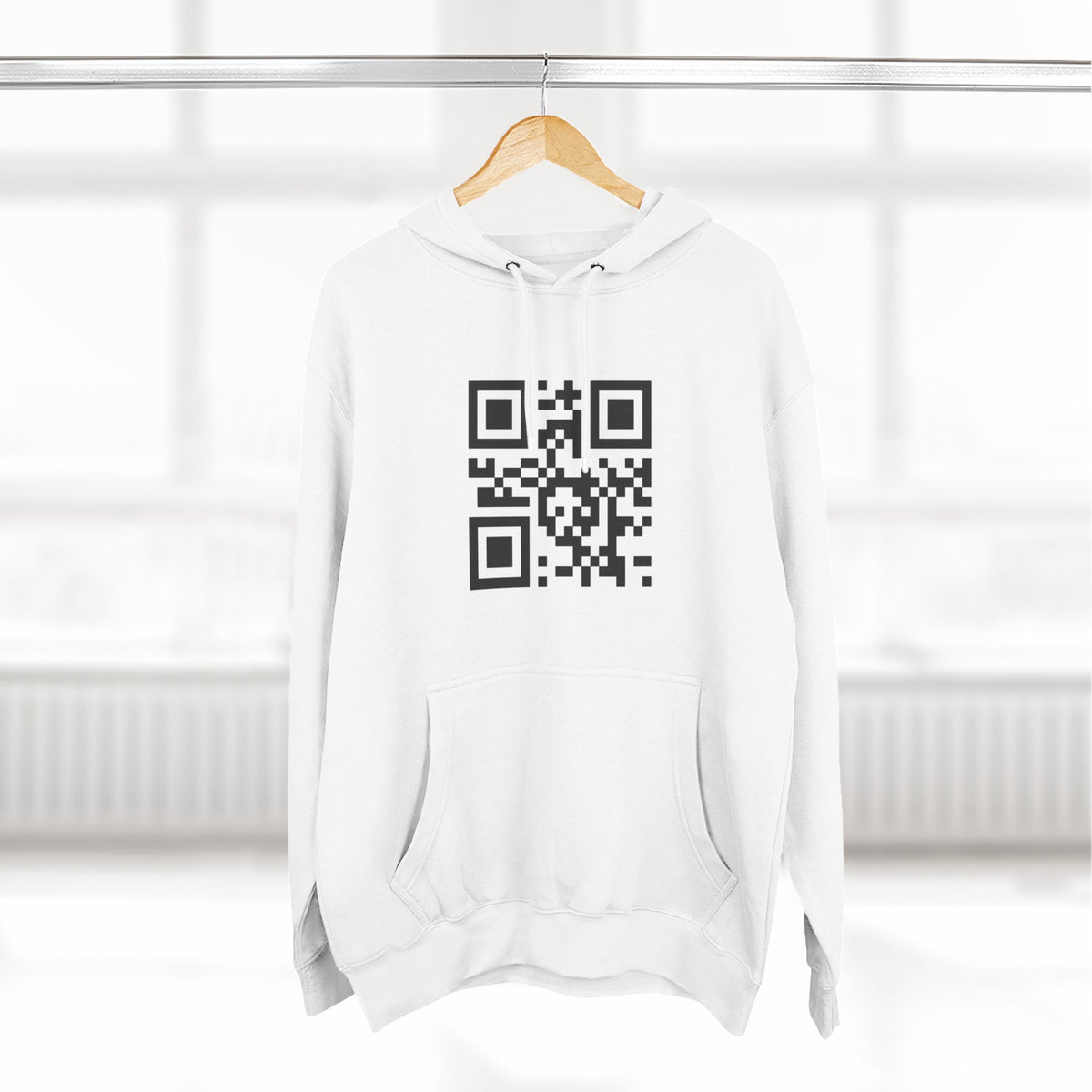 QR Code Hoodie — "I can't help you but my corporate approval software can" Minimal Tech Humor Fleece Hoodie